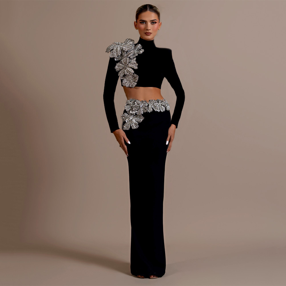Diamond Bandage Skirt Set Long Sleeve Half Turtleneck Short Top Long Skirt Two Piece Set