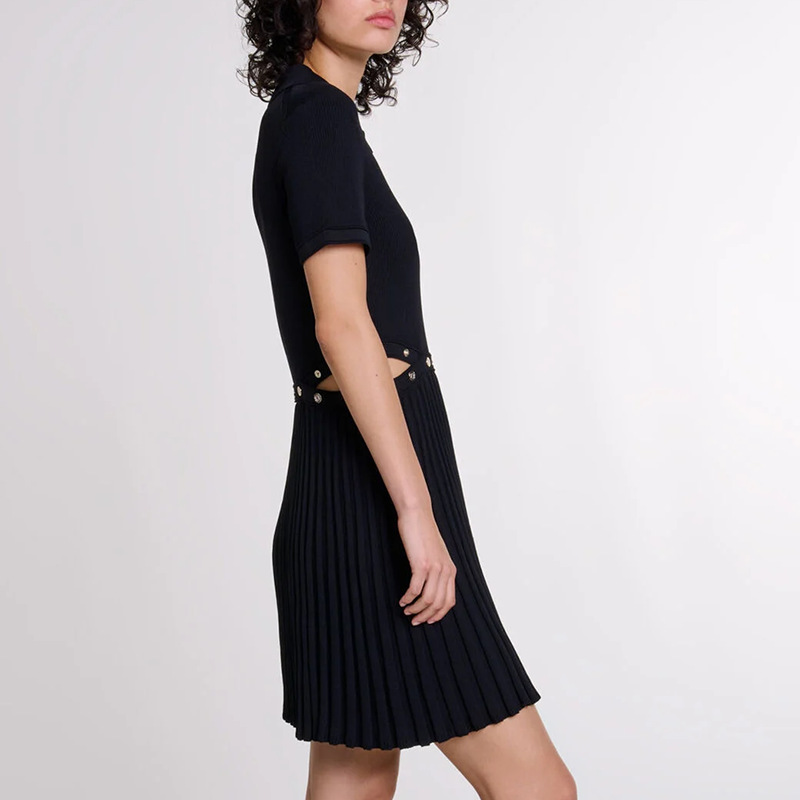 Pleated Short Dress Elegant Polo Collar Short Waist Slimming Dress - Image 3