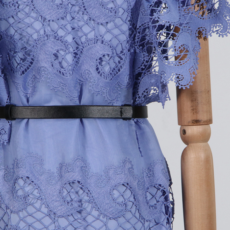 Refined Handmade Lace Patchwork Stand Collar Short Sleeve Belt Decoration Hollow Out Cutout Dress - Image 9