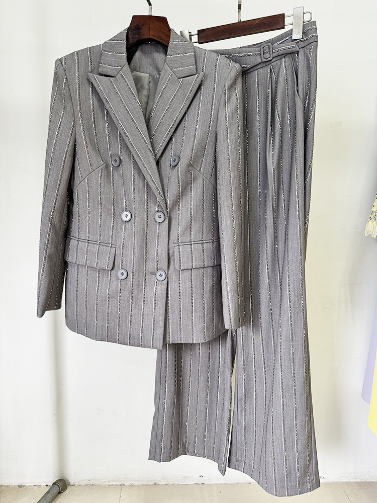 Spring Advanced Gray Heavy Embroidery Drilling Double Breasted Work Pant Two Piece Set - Image 2