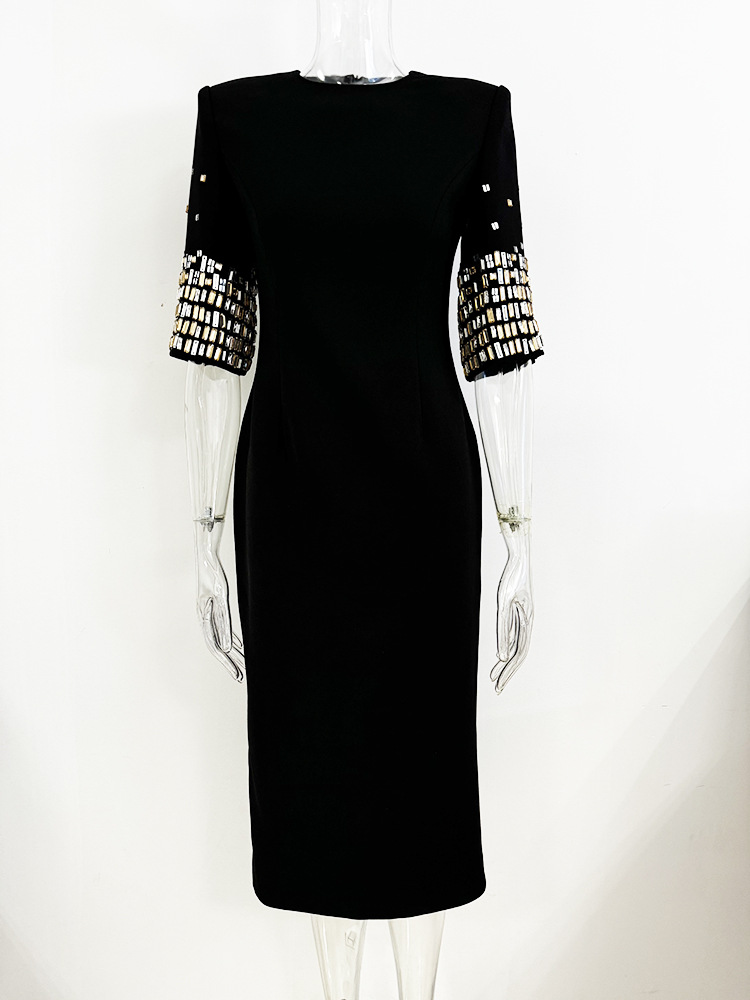 Heavy Industry Beads Diamond Five Quarter Sleeve Mid Length Dress - Image 4