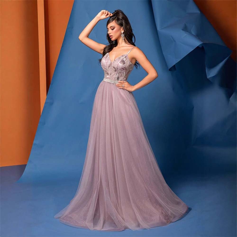 Bridesmaid V Neck Brace Sequin Pink Backless Formal Dress - Image 3