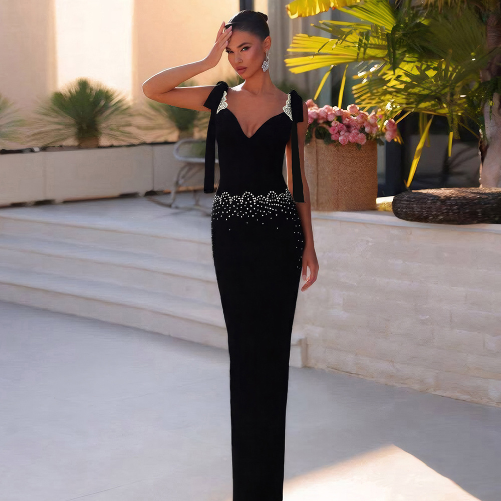 V Neck Bow Ribbon Rhinestone Bandage One Piece Party Cocktail Elegant Dress