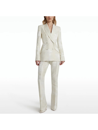 Elegant Jacquard Double Breasted Blazer Long Sleeved Two Piece Set