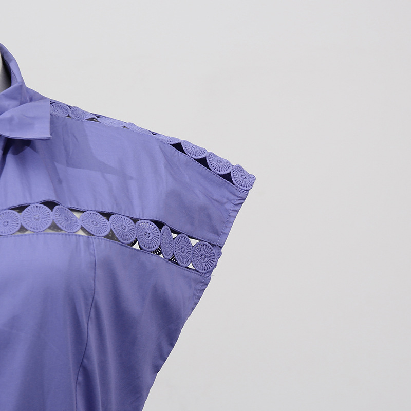 Solid Color Dress Summer Polo Collar Hollow Out Cutout out Belt Waist Trimming Short Sleeved Large Swing Dress - Image 10