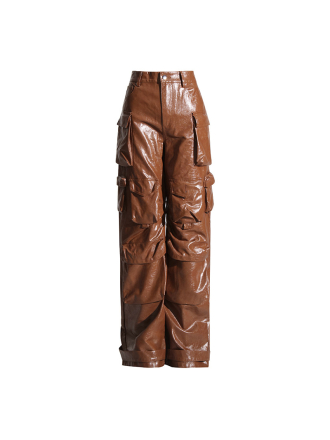 Unique High Waist Large Pocket Faux Leather Straight Leg Pants