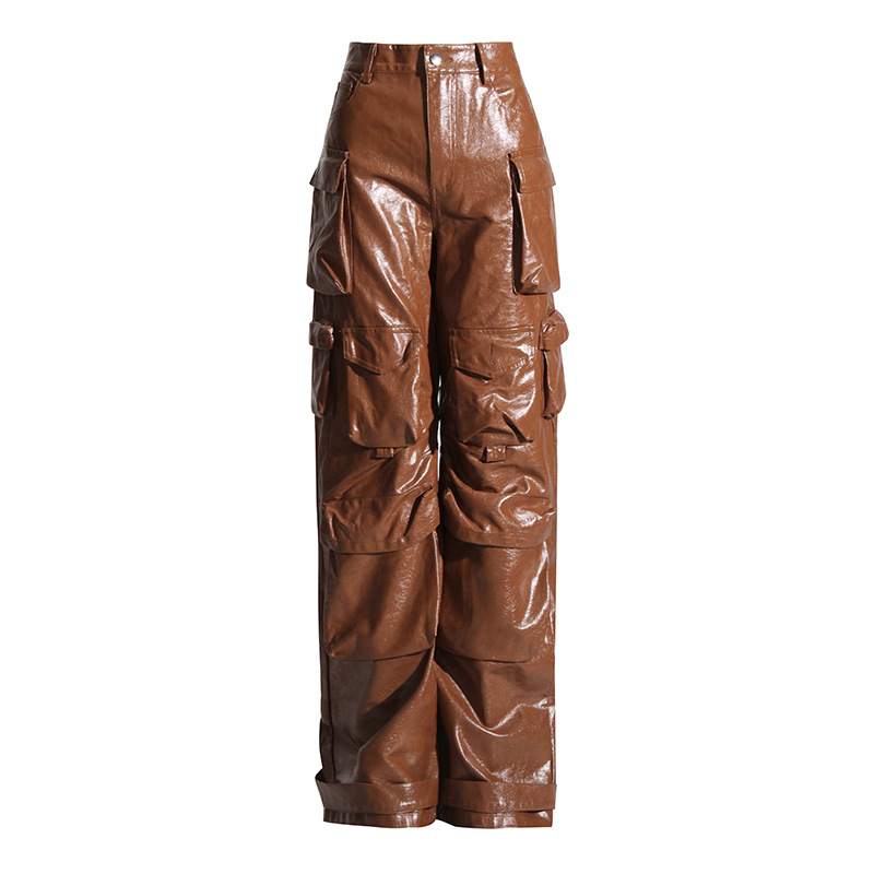 Unique High Waist Large Pocket Faux Leather Straight Leg Pants