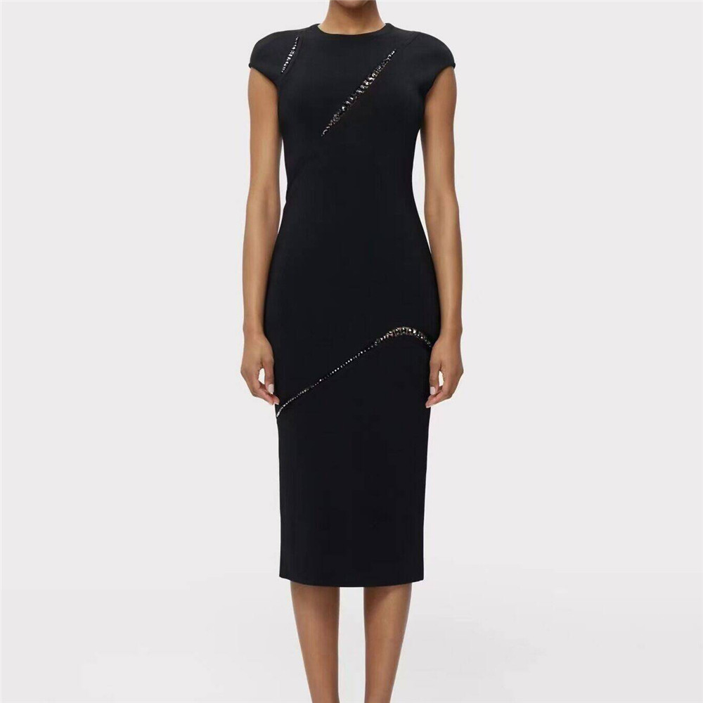 Round Neck Short Sleeve Slim Fit Rhinestone Beaded Bandage One Piece Dress