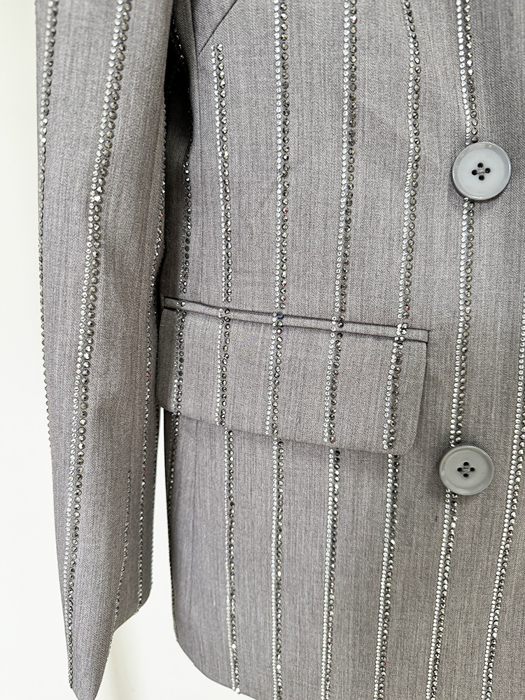 Spring Advanced Gray Heavy Embroidery Drilling Double Breasted Work Pant Two Piece Set - Image 5