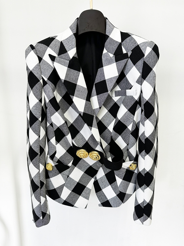 Spring Star Big Metal Buckle Black White Plaid Slim Fit Blazer Jacket - Image 2
