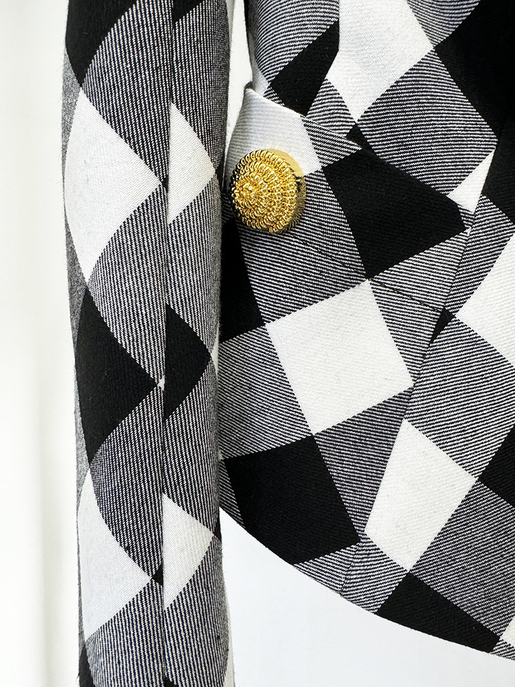 Spring Star Big Metal Buckle Black White Plaid Slim Fit Blazer Jacket - Image 6