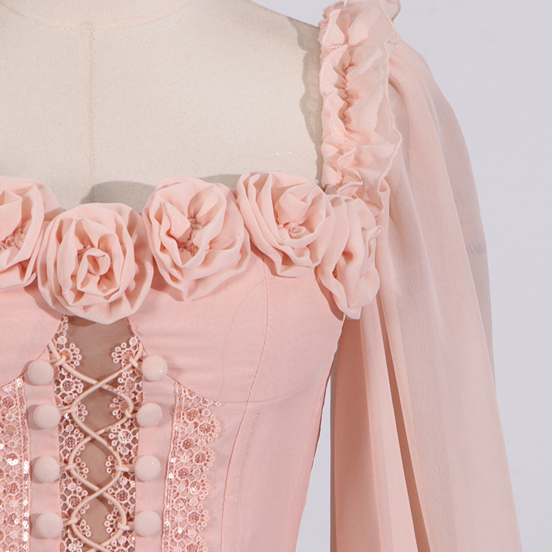 Square Collar Three Dimensional Drawstring Lantern Sleeve Dress - Image 2