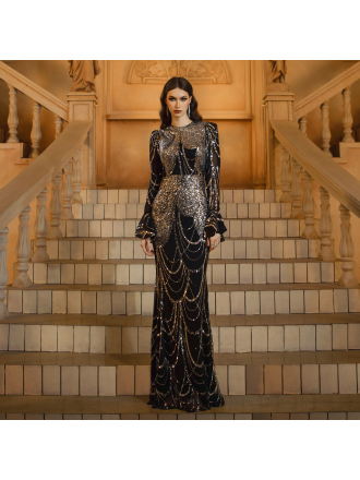 Long Sleeved Round Neck Slim Fit Sheath Sequined Cocktail Fishtail Evening Dress