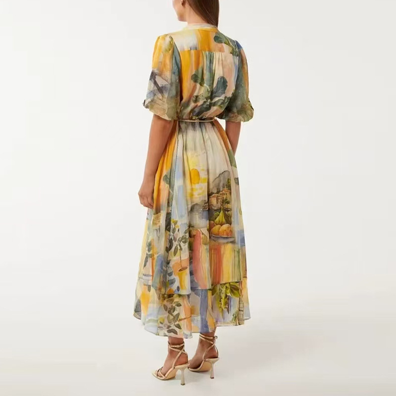 Elegant Retro Dress V neck Lace up Waist Tight High Grade Printing High Waisted Dress - Image 3