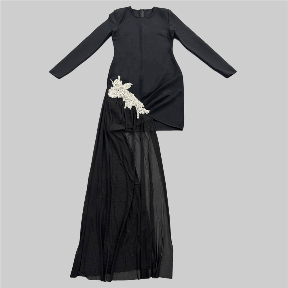 Diamond Slim Fit Long Sleeve Bandage Dress Mesh Stitching Sheath Party Dress - Image 4