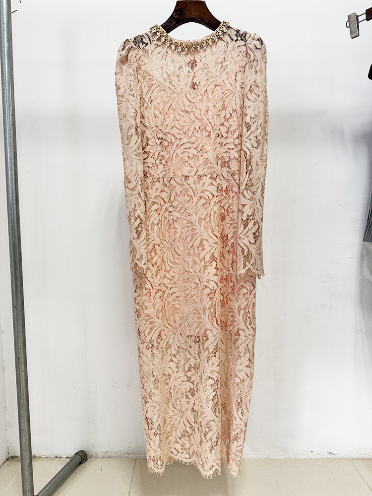 Spring Summer Star Bead Diamond Long Sleeve Slim Water Soluble Lace Dress - Image 4