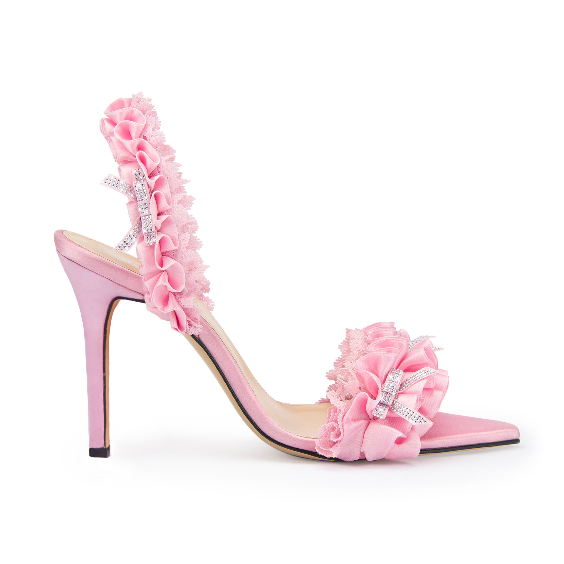 Mach Black Pink Lace Edge Stiletto Heel Pointed Sandals 11cm Heels Bowknot - Image 4