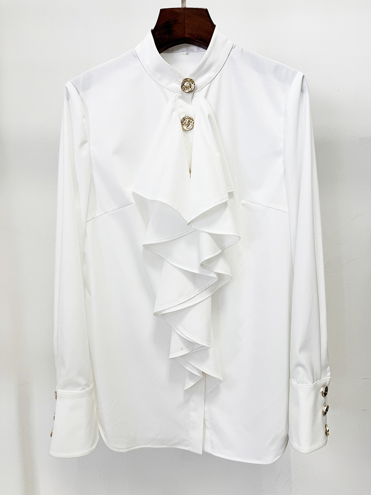 Slim Ruffle Ruffle All Match White Long Sleeve Shirt - Image 2