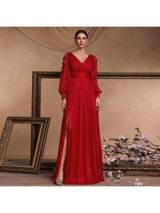 Long Sleeved V Neck Cocktail Dress with Vents Long Bridesmaid Toast Dress