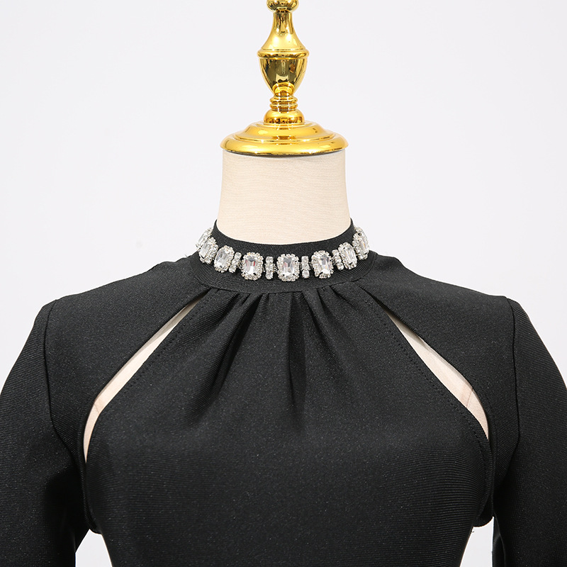 Elegant Half Turtleneck Diamond Studded Hollow Out Cutout Bell Sleeve Bandage One Piece Dress - Image 2