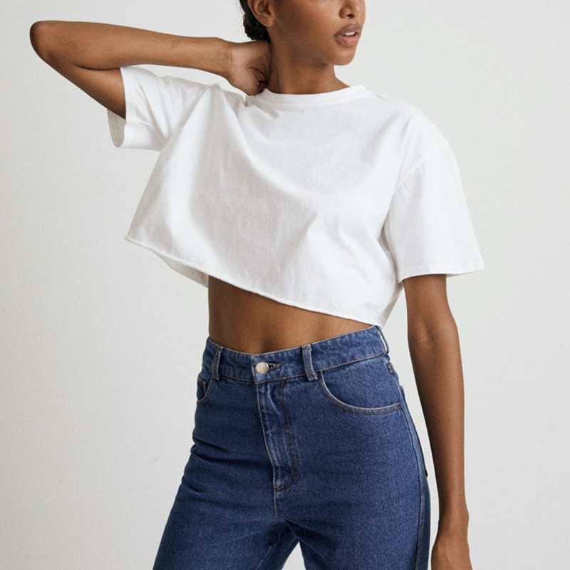 Short Sleeved T shirt Summer Pure Cotton Solid Color Cropped Round Neck Top - Image 2