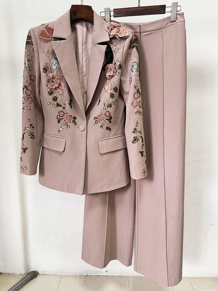 Heavy Industry Beads Three Dimensional Floral Jacket Coat Wide Leg Pants Two Piece Set - Image 3
