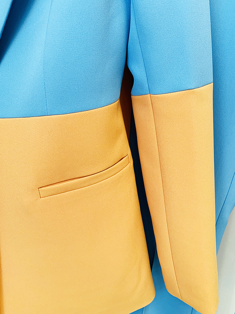 One Button Color Blocking Bell Bottom Pants Two Piece Set - Image 5