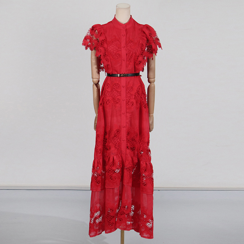 Refined Handmade Lace Patchwork Stand Collar Short Sleeve Belt Decoration Hollow Out Cutout Dress - Image 5