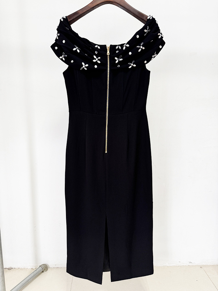Off Shoulder Beads Rhinestones Mid Length Dress - Image 4