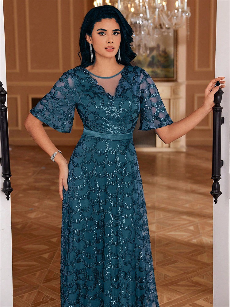 Sequined A line Elegant Square Collar Short Sleeve Party Dress - Image 2