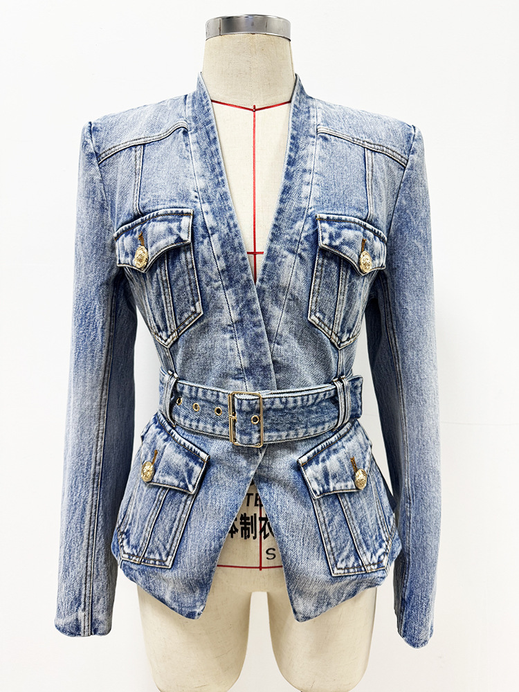 Early Autumn Stars Slim Fit Belt Washed Denim Blazer Jacket - Image 2