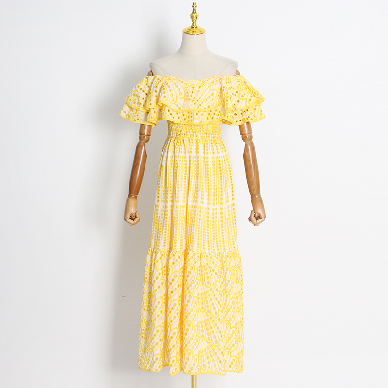 Elegant Double Layer Lotus Leaf Off Neck Embroidered Hollow out Maxi Dress - Image 5