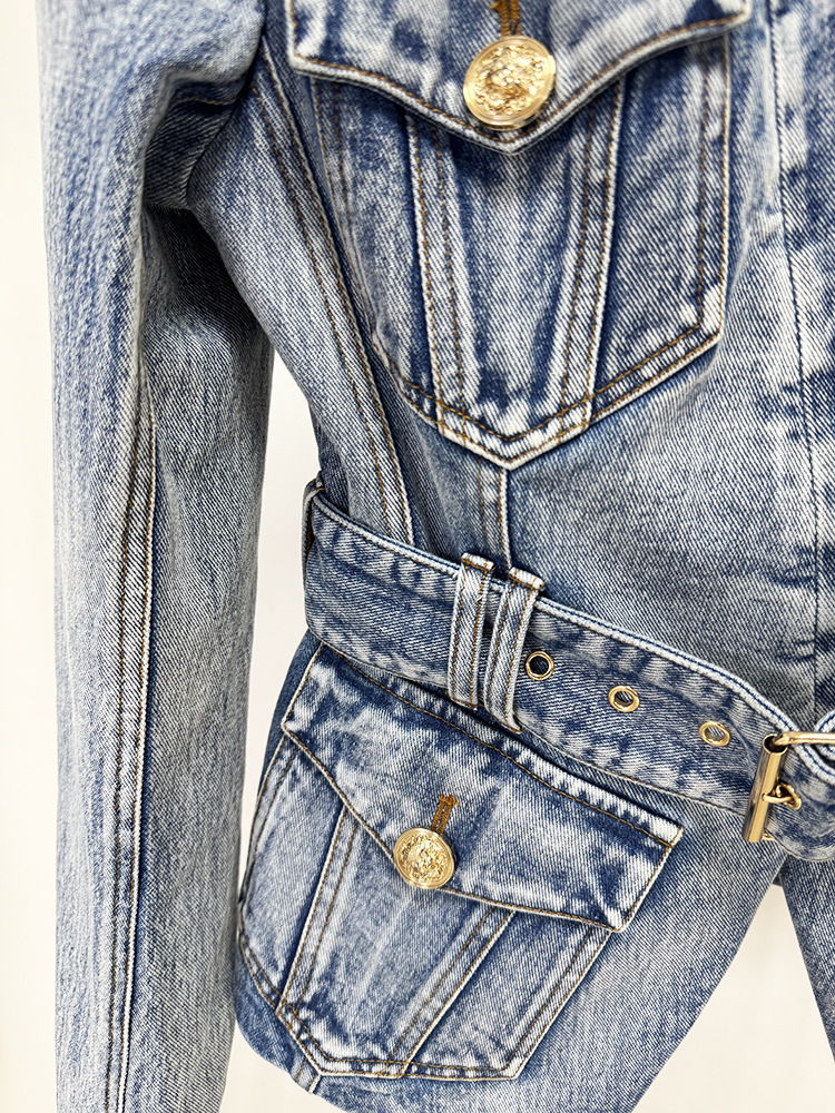 Early Autumn Stars Slim Fit Belt Washed Denim Blazer Jacket - Image 6