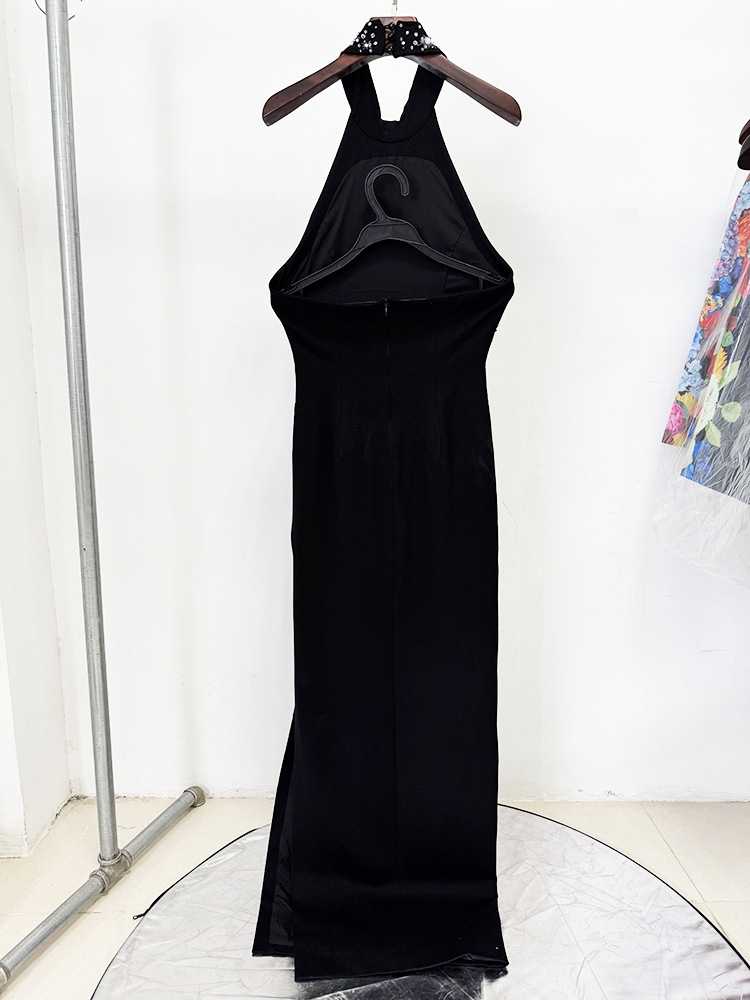 Three Dimensional Beads Rhinestones Stretch Halter Maxi Dress - Image 3