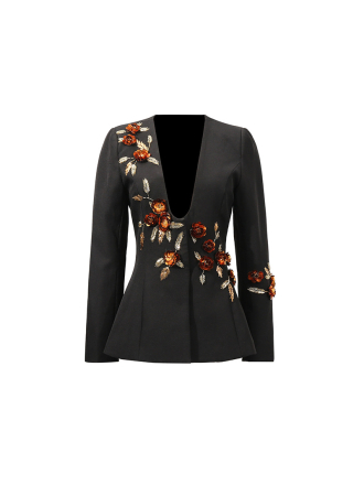 Elegant Heavy Floral Stitching Design Long Sleeve Blazer