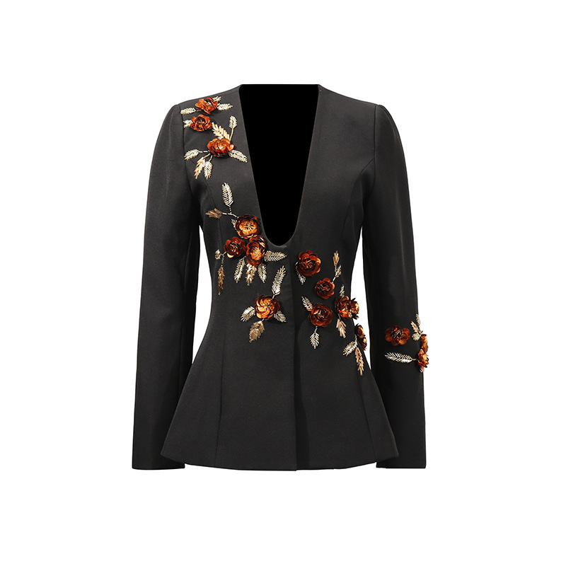 Elegant Heavy Floral Stitching Design Long Sleeve Blazer