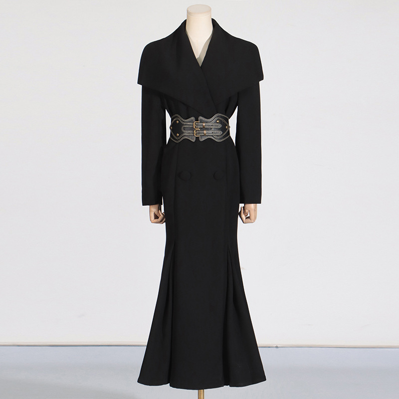 Polo Collar Waist Seal Tight Waist Heavy Work Long Sleeve Double Breasted Trench Coat - Image 2