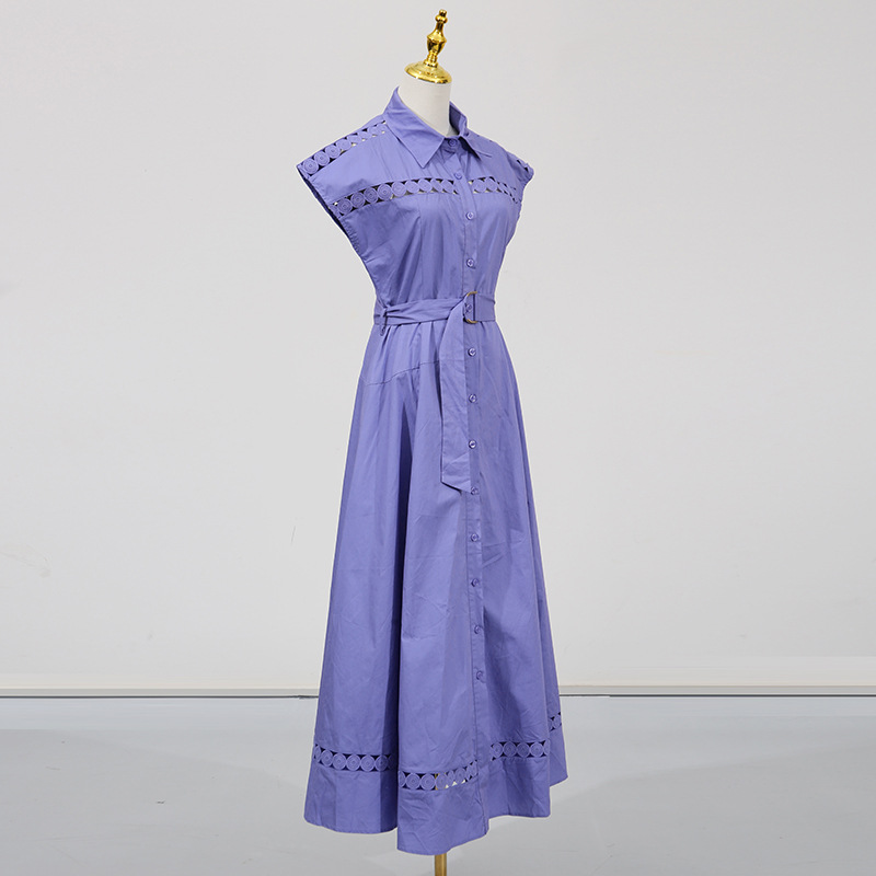 Solid Color Dress Summer Polo Collar Hollow Out Cutout out Belt Waist Trimming Short Sleeved Large Swing Dress - Image 5