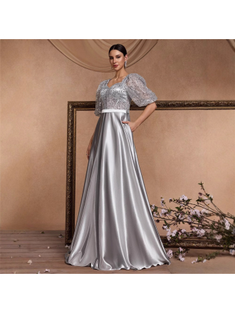 Elegant U Neck Short Sleeve Boning Corset Fit Sequin Stitching Gorgeous Cocktail Party Formal Dinner Dress