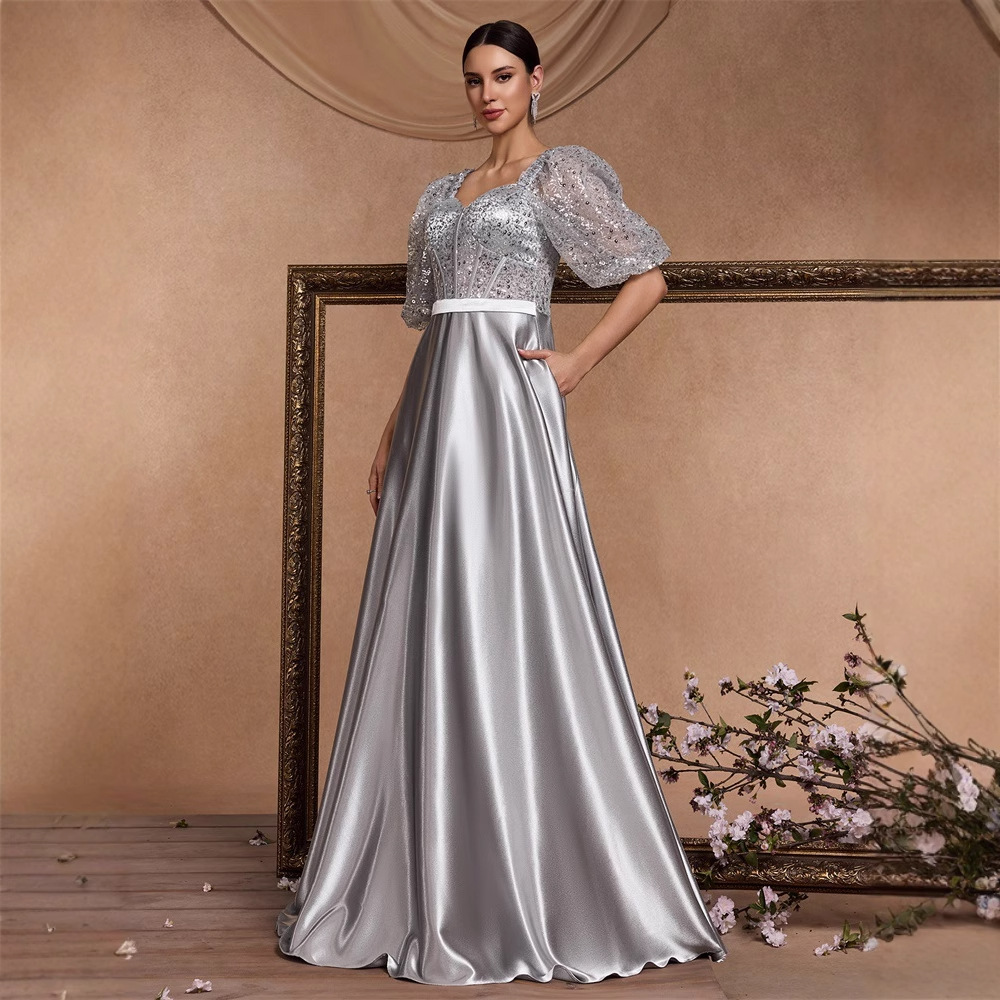 Elegant U Neck Short Sleeve Boning Corset Fit Sequin Stitching Gorgeous Cocktail Party Formal Dinner Dress