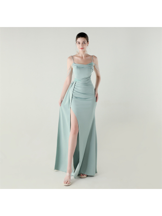 Satin Beaded Chain Slim Fishtail High Slit Evening Ceremony Dress