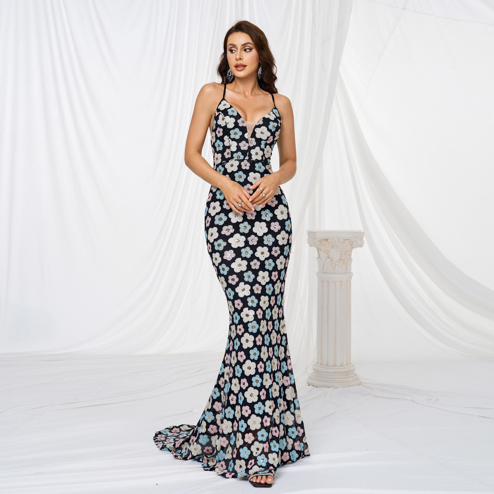 High Grade V neck Brace Slim Fit Sheath Sequined Cocktail Fishtail Evening Dress - Image 5