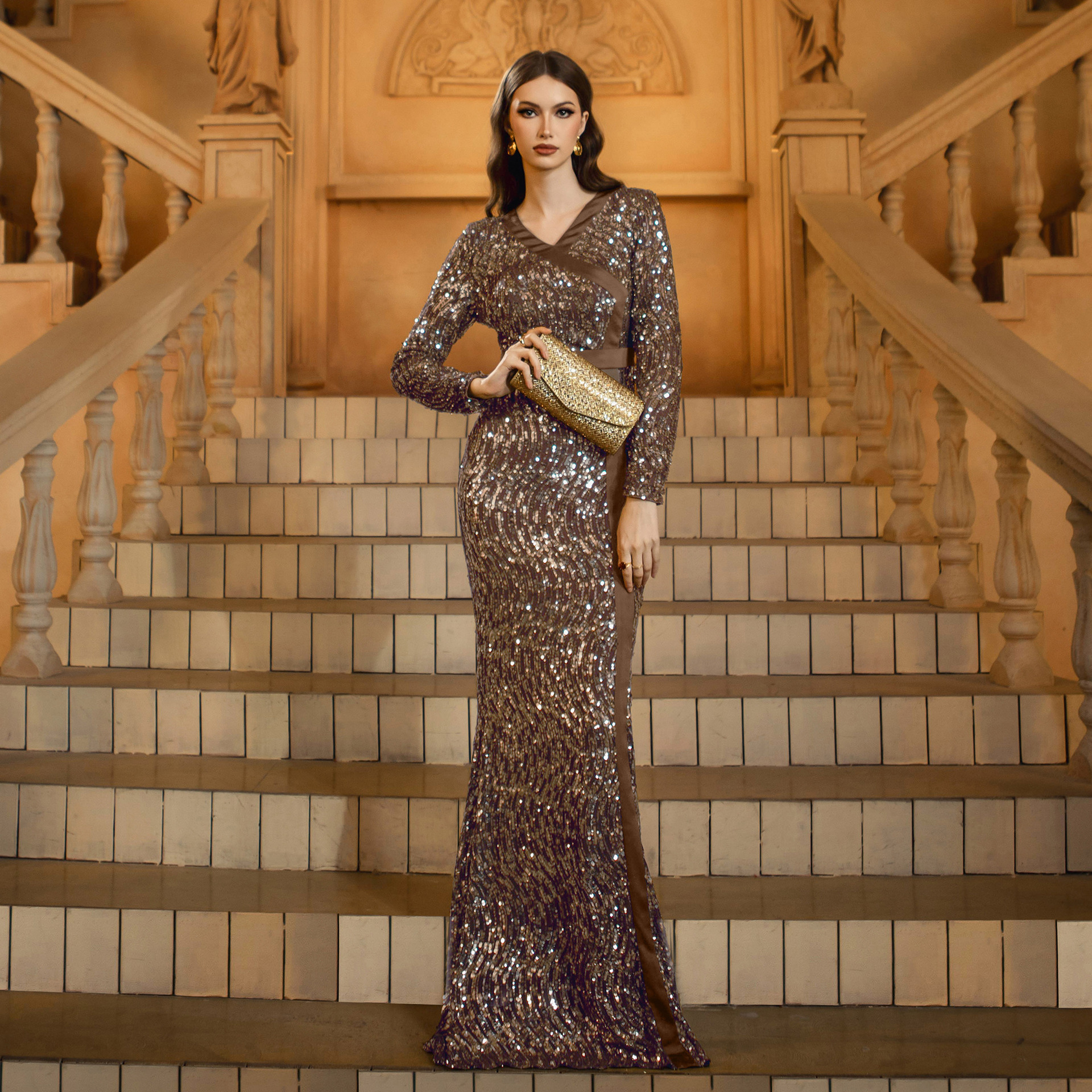 High End Long Sleeved V neck Slim Fit Sheath Sequined Cocktail Evening Dress - Image 5