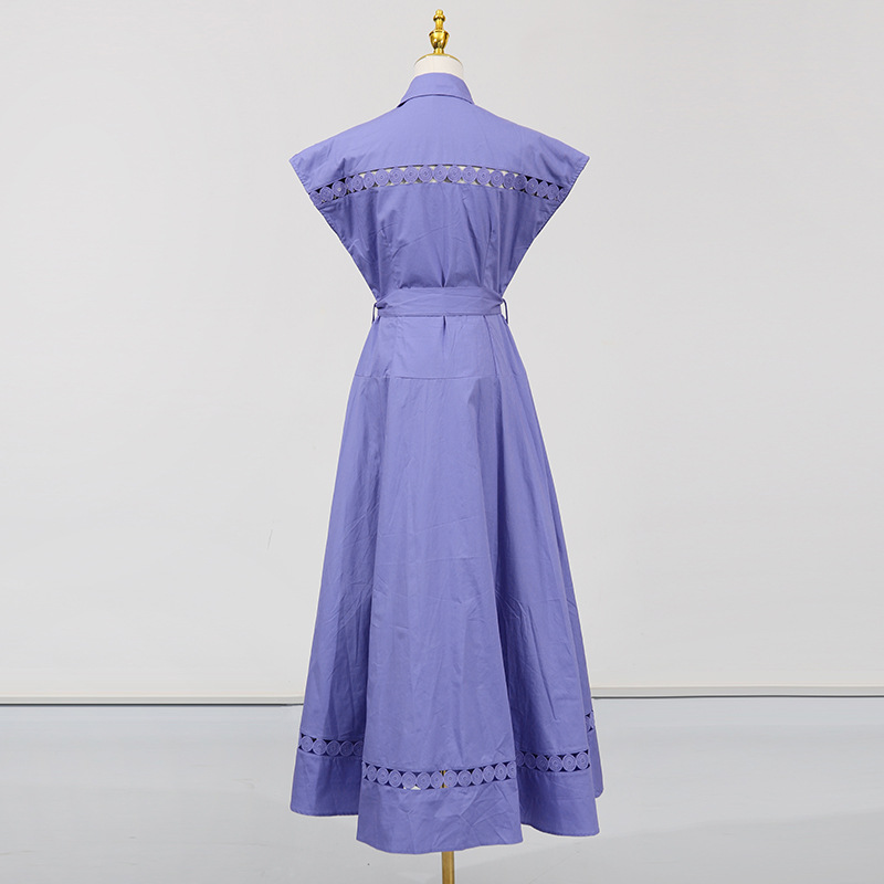 Solid Color Dress Summer Polo Collar Hollow Out Cutout out Belt Waist Trimming Short Sleeved Large Swing Dress - Image 6
