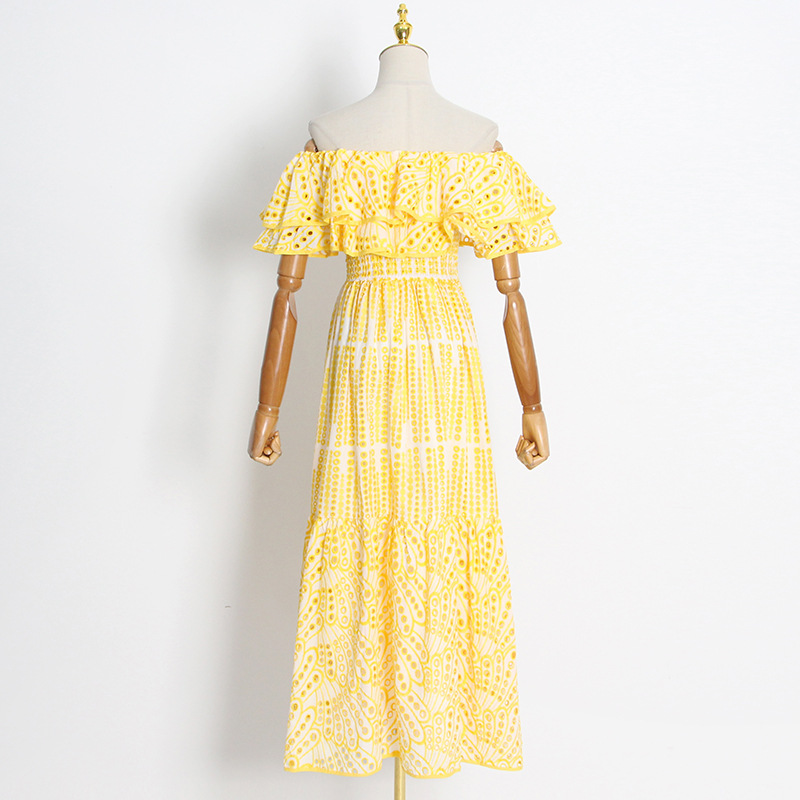 Elegant Double Layer Lotus Leaf Off Neck Embroidered Hollow out Maxi Dress - Image 7