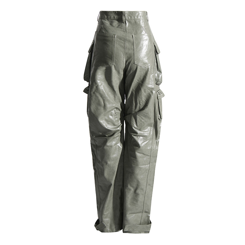 Unique High Waist Large Pocket Faux Leather Straight Leg Pants - Image 3