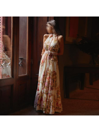 Retro French Floral Print Maxi Sleeveless Collared Waist Tight Single Breasted Dress