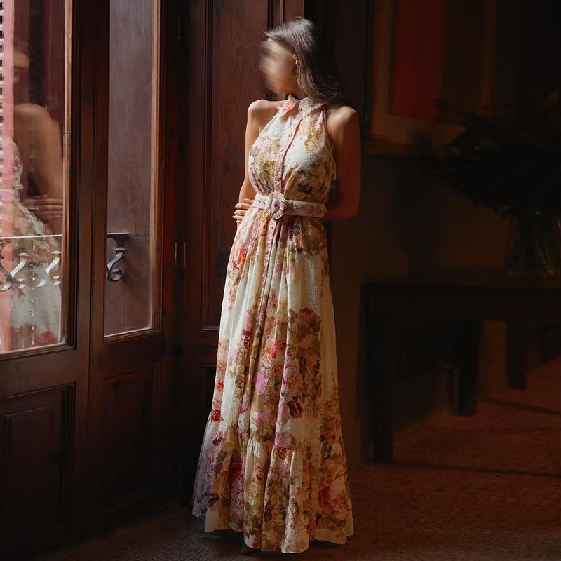 Retro French Floral Print Maxi Sleeveless Collared Waist Tight Single Breasted Dress