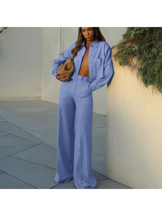 Striped Collared Long Sleeve Short Shirt Loose Wide Leg Pants Two Piece Set