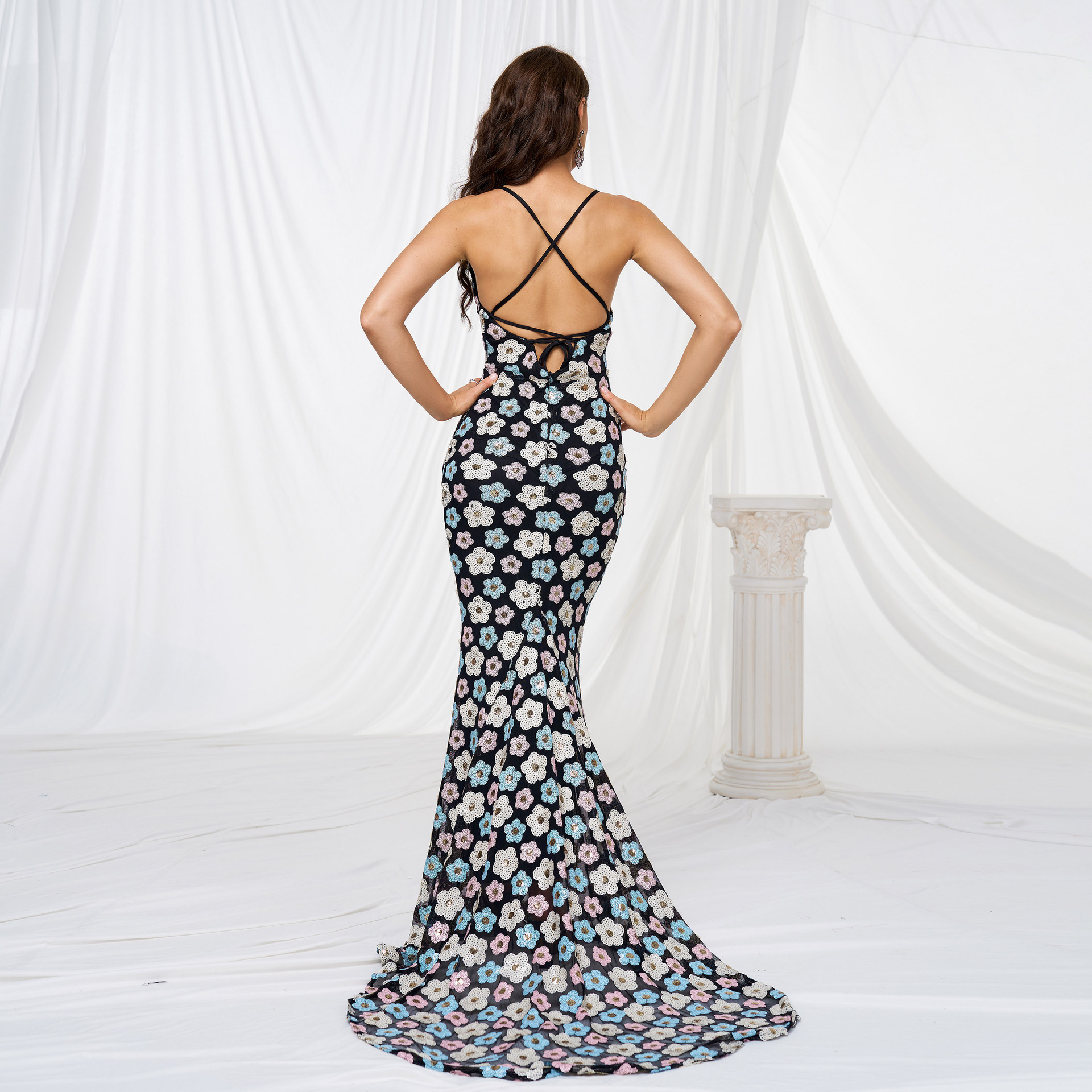 High Grade V neck Brace Slim Fit Sheath Sequined Cocktail Fishtail Evening Dress - Image 3